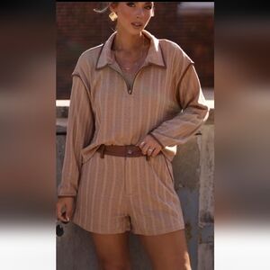 Gilli Casual Tan Knit Zip-Front Short Set